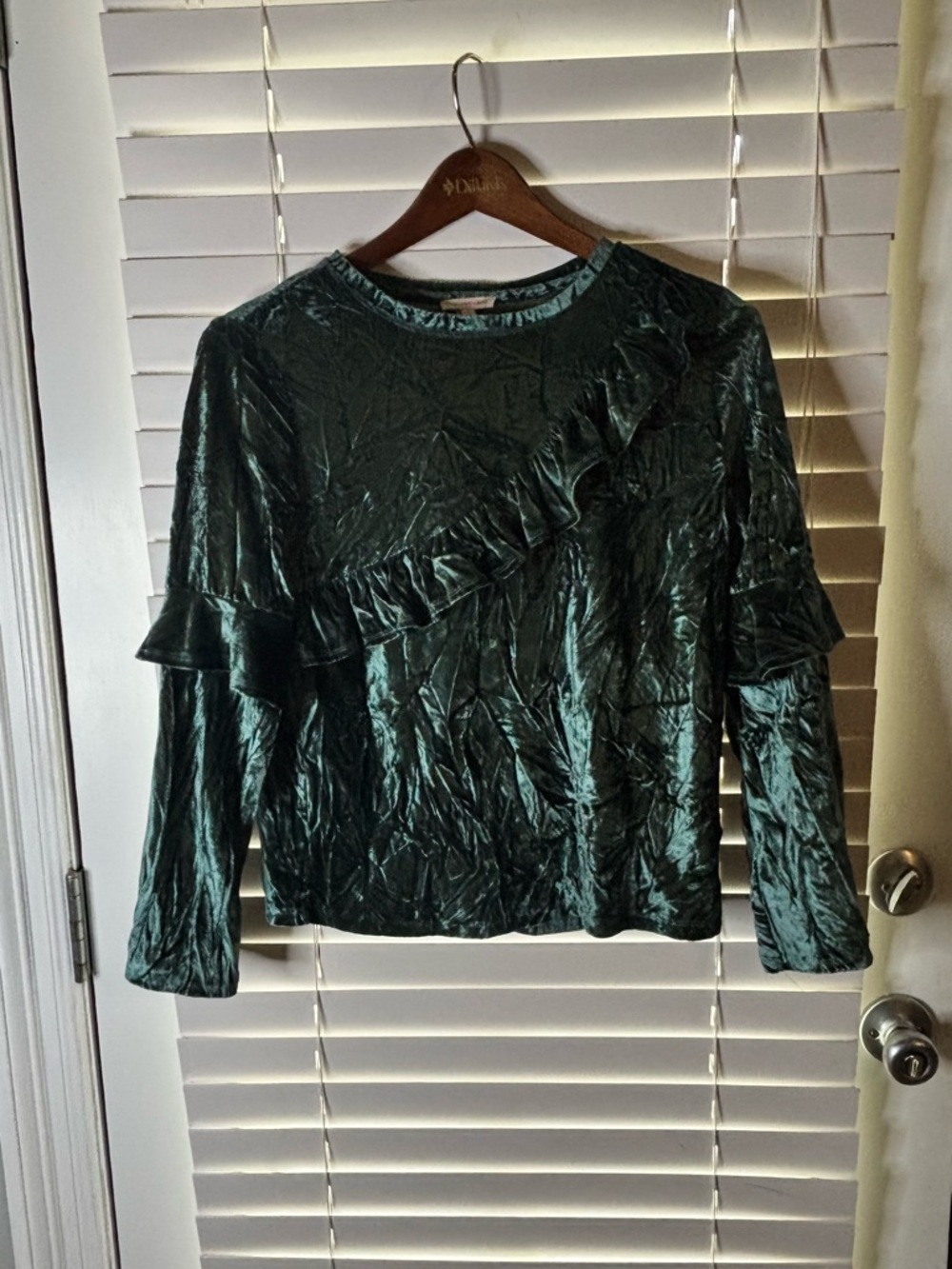 Ruffled Velvet Long Sleeve Top - Dark Green